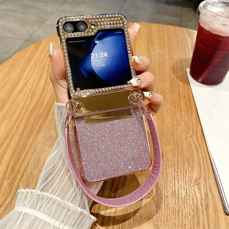 Compatible with Samsung ZFlip 6 phone case, ZFLIP 5 foldable screen glitter wrist strap, full-coverage drop-proof protective leather case - Pink Starry Night Wristband zflip6