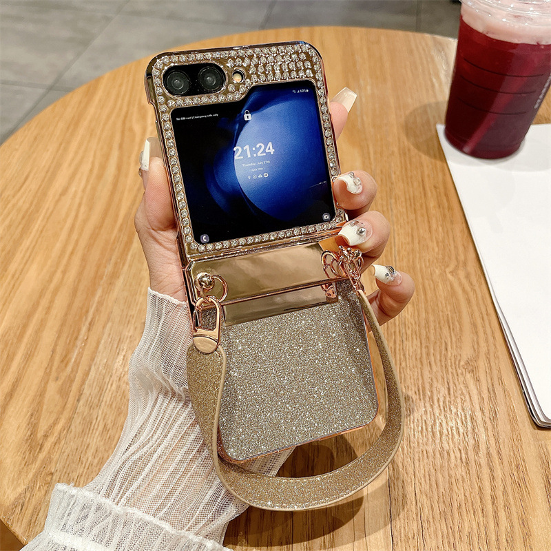 Compatible with Samsung ZFlip 6 phone case, ZFLIP 5 foldable screen glitter wrist strap, full-coverage drop-proof protective leather case - Golden Starry Night Wristband zflip6
