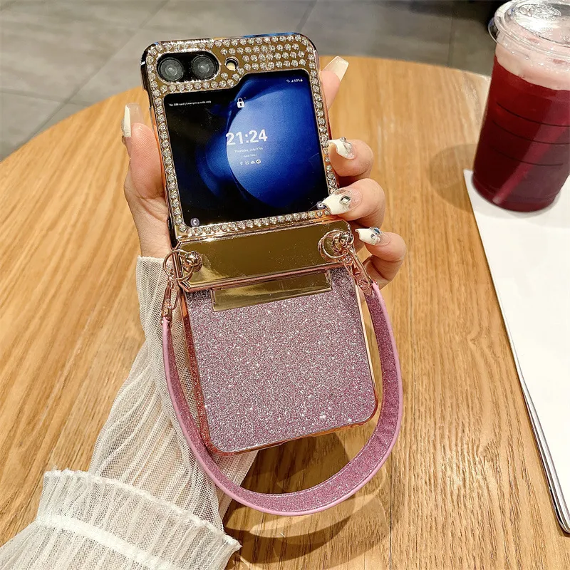 Compatible with Samsung ZFlip 6 phone case, ZFLIP 5 foldable screen glitter wrist strap, full-coverage drop-proof protective leather case - Pink Starry Night Wristband zflip6