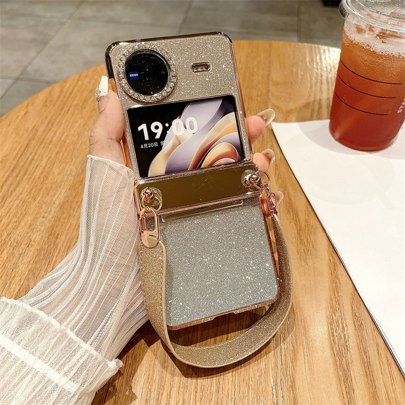 Compatible with vivo Xflip phone case, foldable screen, glitter, wrist strap, hinge, full-coverage anti-drop leather case - Gold gradient starry wristband VIVO x flip
