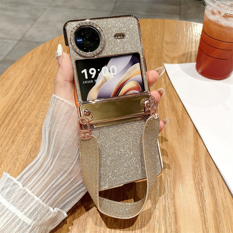 Compatible with vivo Xflip phone case, foldable screen, glitter, wrist strap, hinge, full-coverage anti-drop leather case - Gold Starry Night Wristband VIVO x Flip