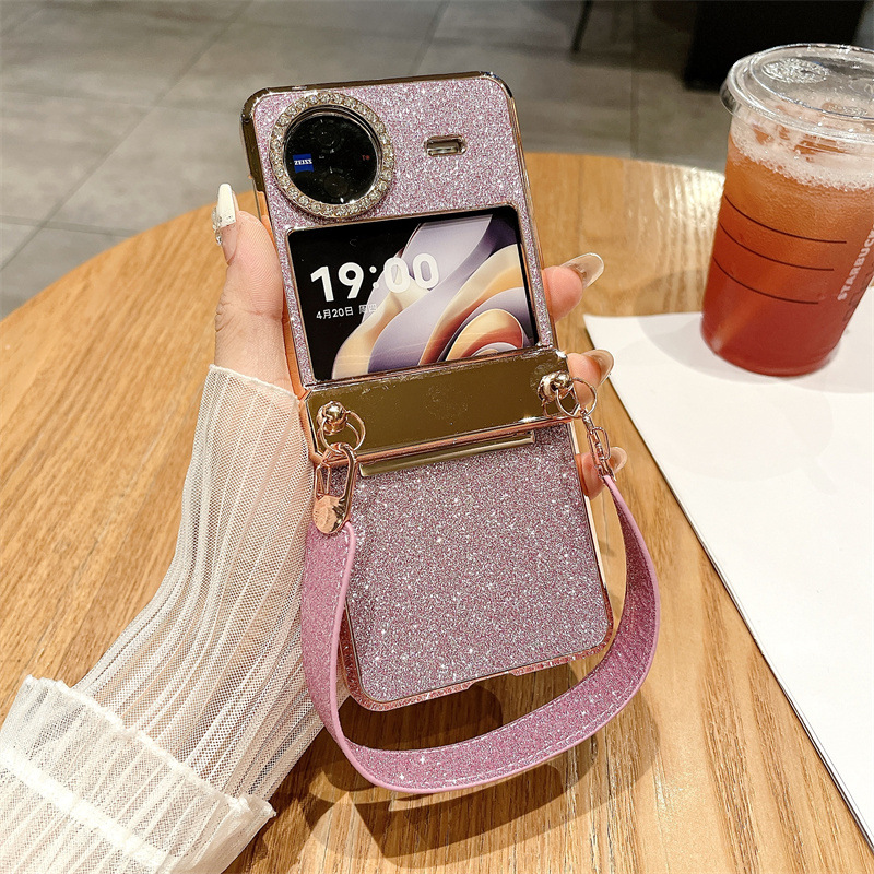 Compatible with vivo Xflip phone case, foldable screen, glitter, wrist strap, hinge, full-coverage anti-drop leather case - Pink starry wristband VIVO x flip