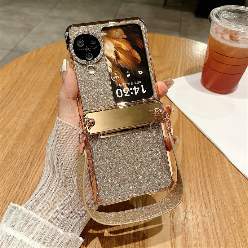Suitable for OPPO Find N3 Flip phone case, vegan leather hinge, N2FLIP carrying wrist strap, drop-proof protective case - Gold Starry Night Wristband OPPO Find N3 Flip