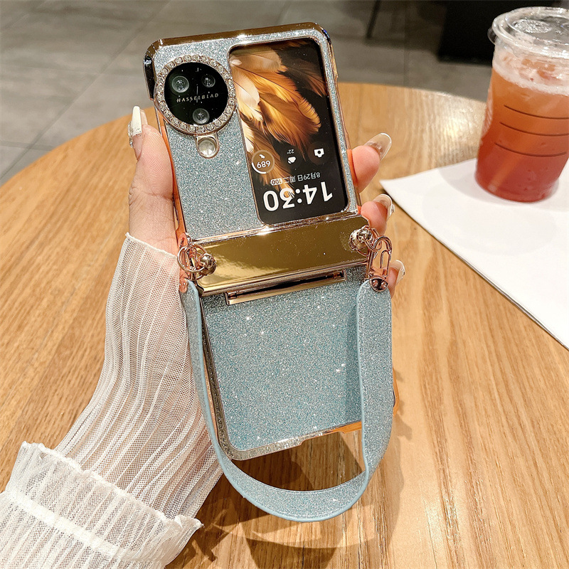 Suitable for OPPO Find N3 Flip phone case, vegan leather hinge, N2FLIP carrying wrist strap, drop-proof protective case - Blue Starry Night Wristband OPPO Find N3 Flip