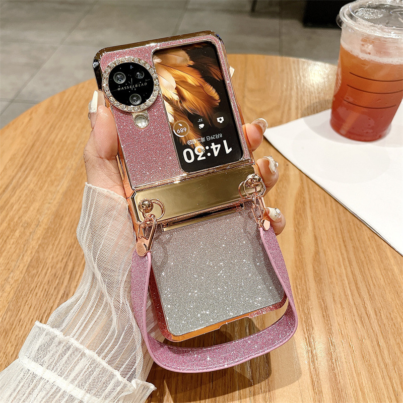 Suitable for OPPO Find N3 Flip phone case, vegan leather hinge, N2FLIP carrying wrist strap, drop-proof protective case - Pink gradient starry wristband OPPO find N3flip