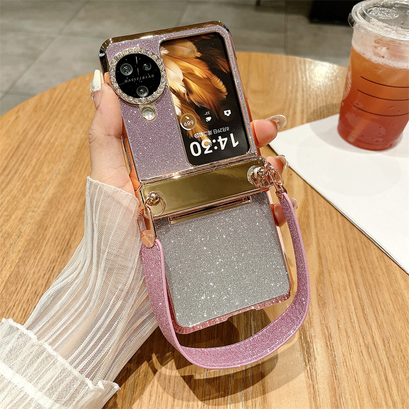Suitable for OPPO Find N3 Flip phone case, vegan leather hinge, N2FLIP carrying wrist strap, drop-proof protective case - Purple gradient starry wristband OPPO find N3flip