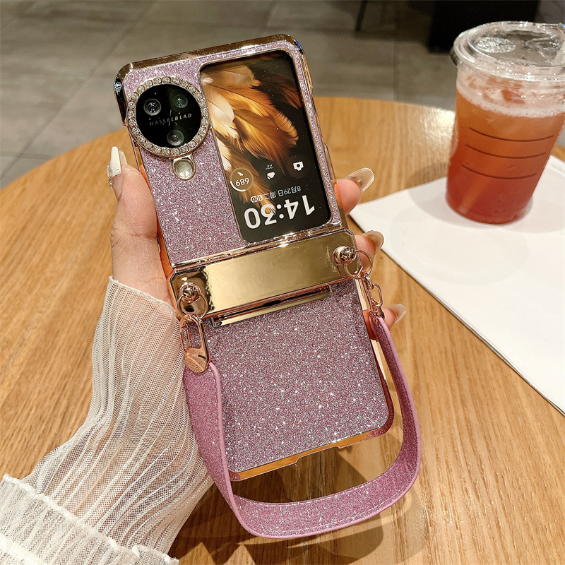 Suitable for OPPO Find N3 Flip phone case, vegan leather hinge, N2FLIP carrying wrist strap, drop-proof protective case - Pink Starry Night Wristband OPPO Find N3 Flip