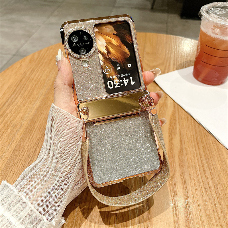 Suitable for OPPO Find N3 Flip phone case, vegan leather hinge, N2FLIP carrying wrist strap, drop-proof protective case - Gold Gradient Starry Sky Wristband OPPO Find N3 Flip
