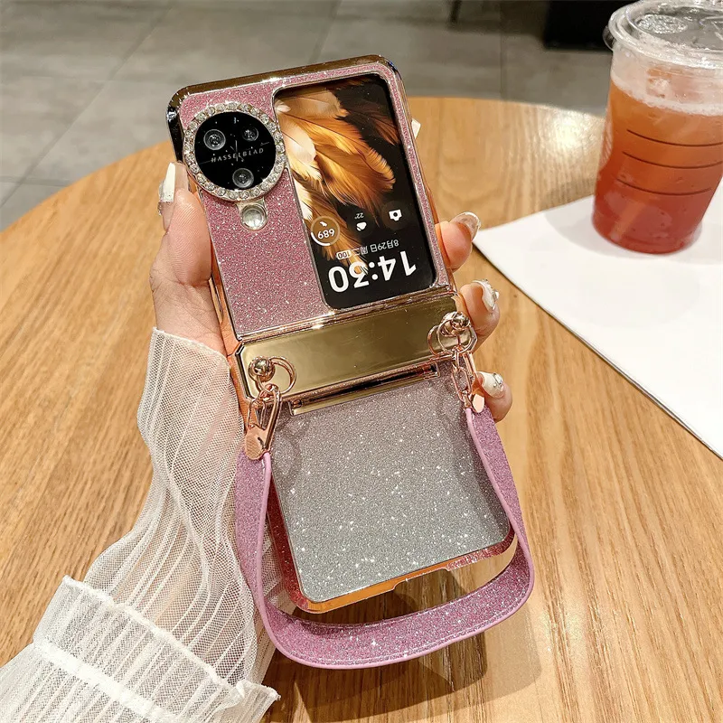 Suitable for OPPO Find N3 Flip phone case, vegan leather hinge, N2FLIP carrying wrist strap, drop-proof protective case - Pink gradient starry wristband OPPO find N3flip