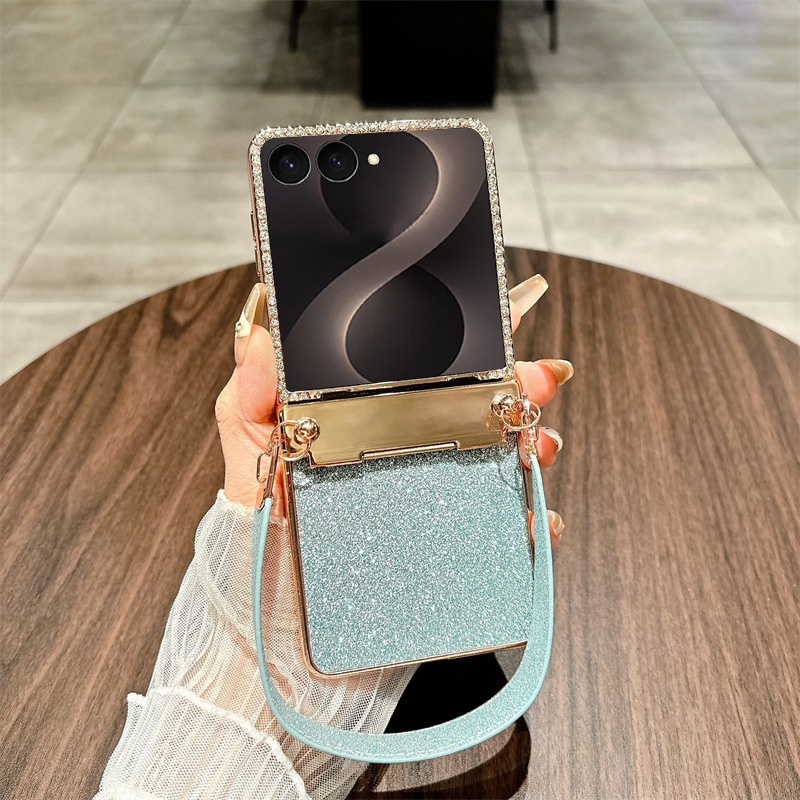 Compatible with Samsung ZFlip 8 phone case, ZFLIP 7 foldable screen glitter wrist strap, full-coverage drop-proof protective leather case - Blue starry wristband zflip8