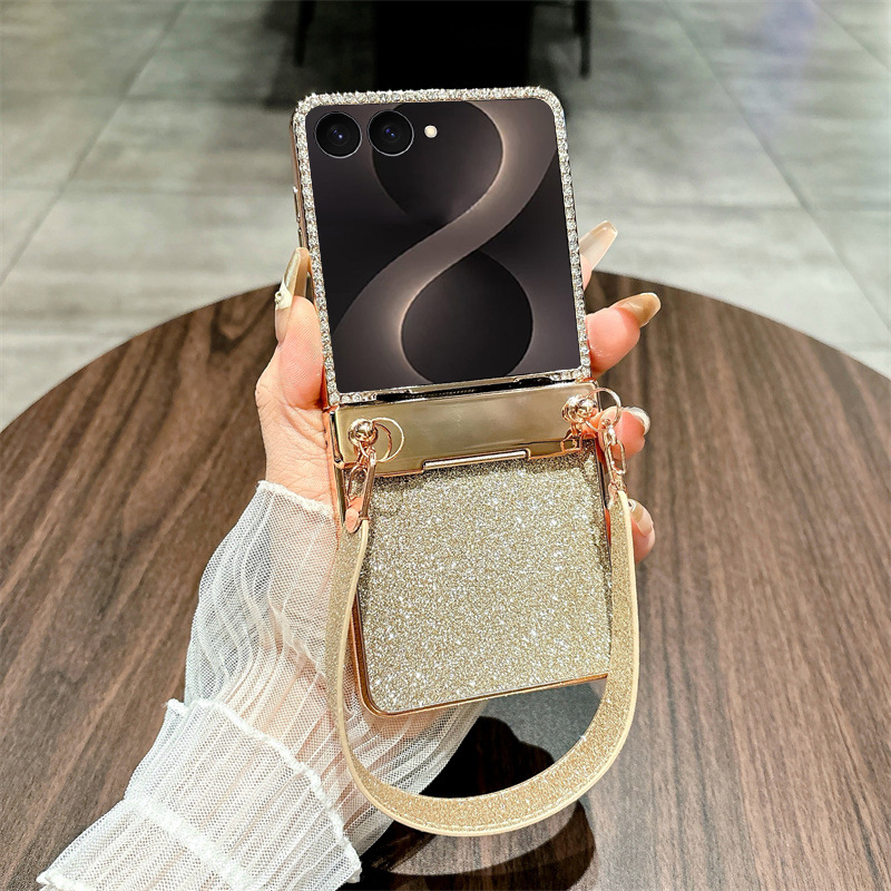 Compatible with Samsung ZFlip 8 phone case, ZFLIP 7 foldable screen glitter wrist strap, full-coverage drop-proof protective leather case - Golden Starry Night Wristband zflip8