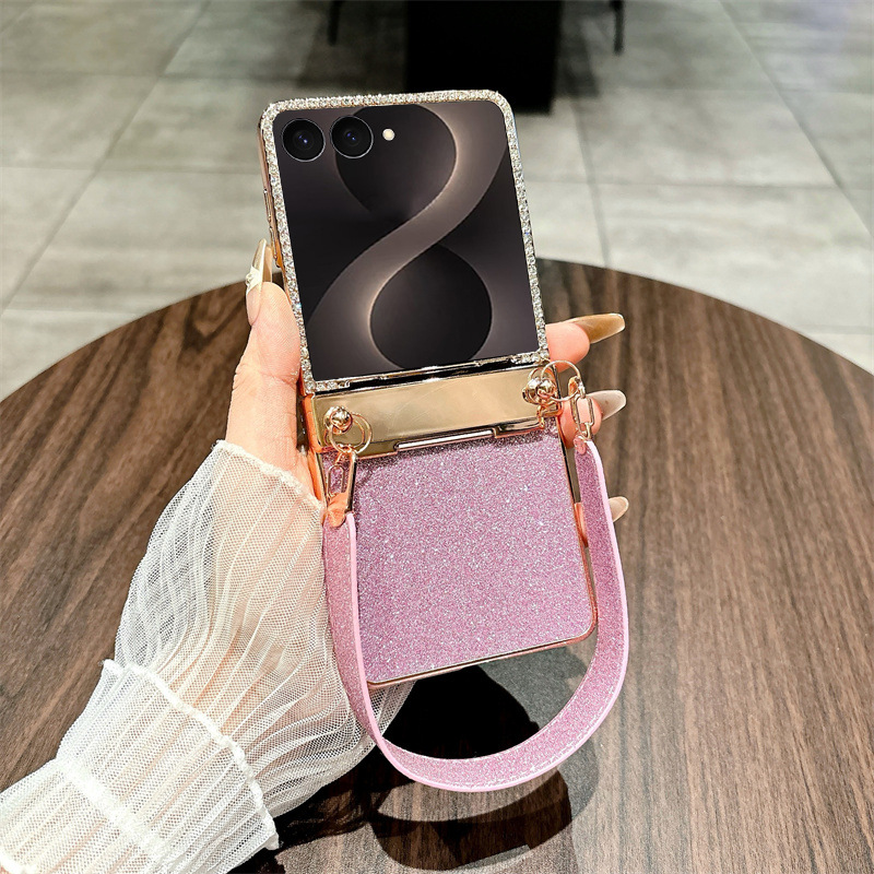 Compatible with Samsung ZFlip 8 phone case, ZFLIP 7 foldable screen glitter wrist strap, full-coverage drop-proof protective leather case - Pink Starry Night Wristband zflip8