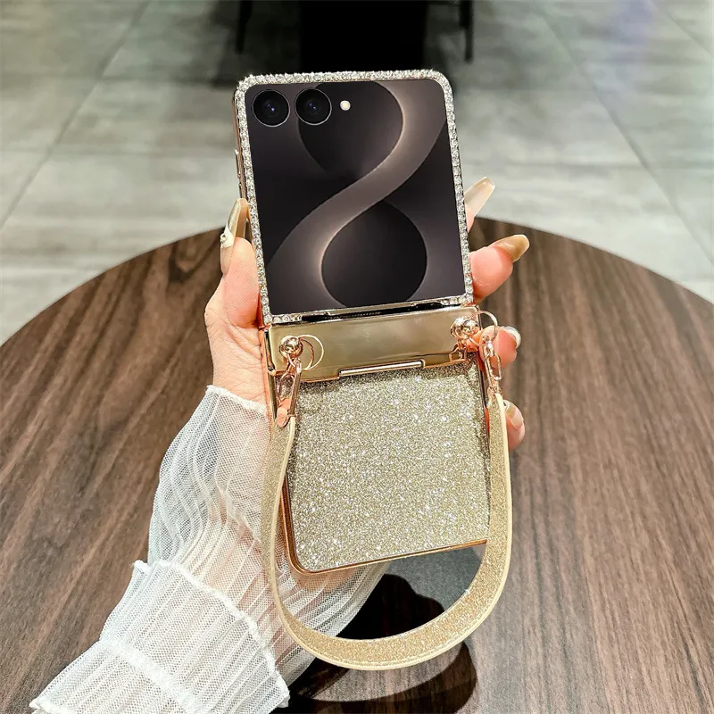 Compatible with Samsung ZFlip 8 phone case, ZFLIP 7 foldable screen glitter wrist strap, full-coverage drop-proof protective leather case - Golden Starry Night Wristband zflip8