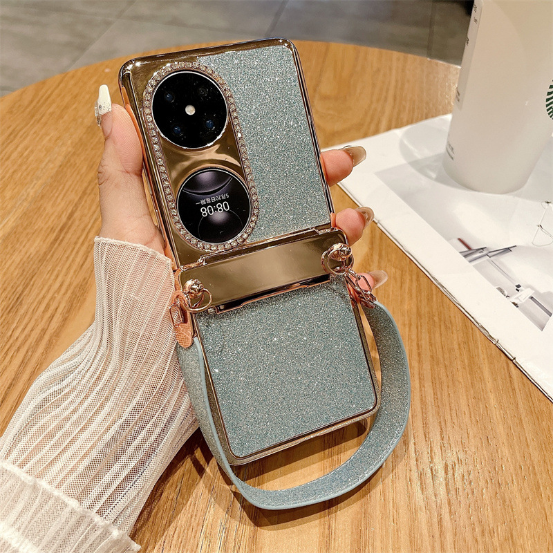 Huawei P50 Pocket Phone Case, P50 Foldable Screen Protector Stand, Glitter Handheld Wrist Strap, Full Coverage, Drop Protection - Blue Starry Sky Wristband Huawei Pocket 2