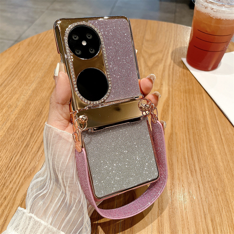 Huawei P50 Pocket Phone Case, P50 Foldable Screen Protector Stand, Glitter Handheld Wrist Strap, Full Coverage, Drop Protection - Purple gradient starry wristband Huawei Pocket 2