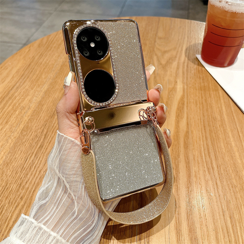 Huawei P50 Pocket Phone Case, P50 Foldable Screen Protector Stand, Glitter Handheld Wrist Strap, Full Coverage, Drop Protection - Gold gradient starry wristband Huawei Pocket 2