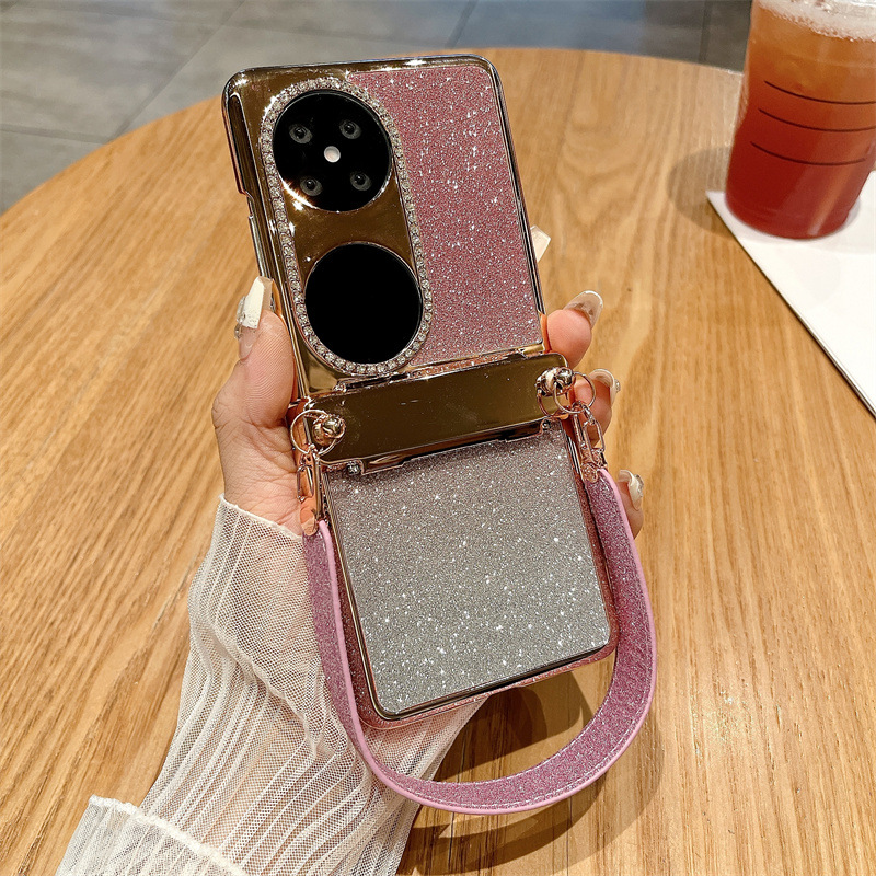 Huawei P50 Pocket Phone Case, P50 Foldable Screen Protector Stand, Glitter Handheld Wrist Strap, Full Coverage, Drop Protection - Pink gradient starry wristband Huawei Pocket 2
