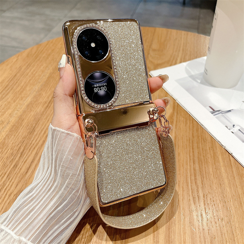 Huawei P50 Pocket Phone Case, P50 Foldable Screen Protector Stand, Glitter Handheld Wrist Strap, Full Coverage, Drop Protection - Gold Starry Sky Wristband Huawei Pocket 2