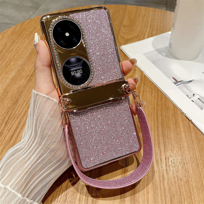 Huawei P50 Pocket Phone Case, P50 Foldable Screen Protector Stand, Glitter Handheld Wrist Strap, Full Coverage, Drop Protection - Pink Starry Night Wristband Huawei Pocket 2