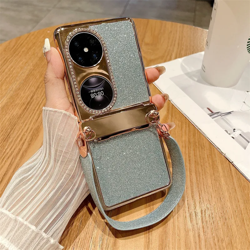 Huawei P50 Pocket Phone Case, P50 Foldable Screen Protector Stand, Glitter Handheld Wrist Strap, Full Coverage, Drop Protection - Blue Starry Sky Wristband Huawei Pocket 2