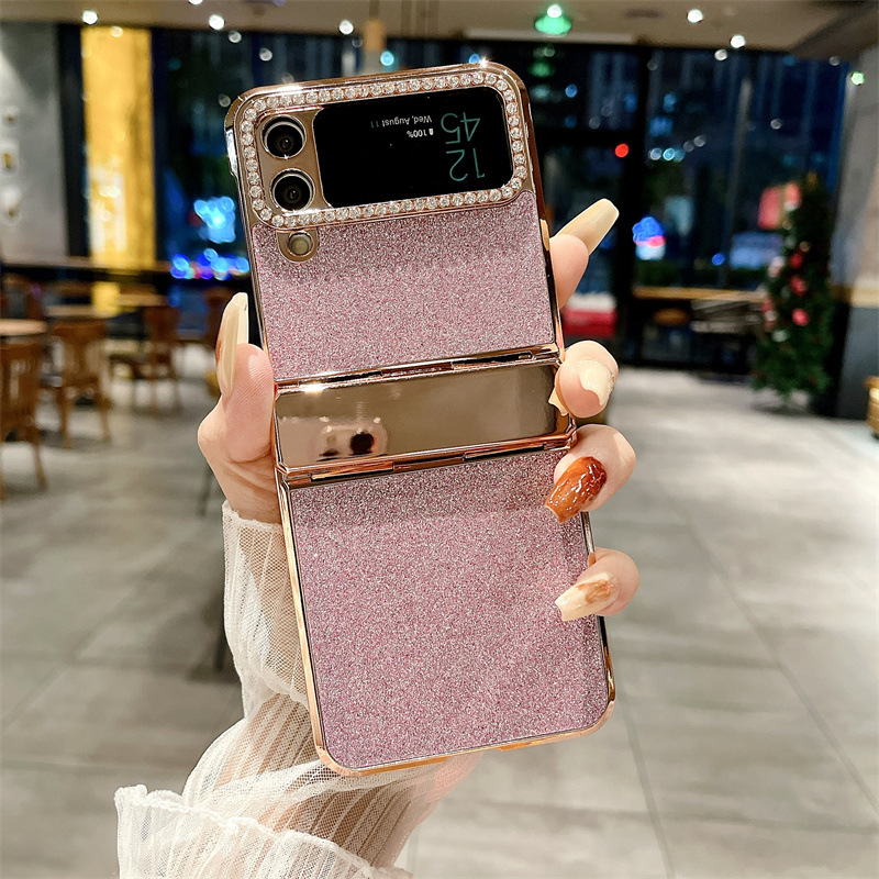 Compatible with Samsung ZFlip 4 phone case, ZFLIP3 foldable screen diamond leather hinge full-coverage drop-proof protective case - Pink glitter Samsung ZFlip 4