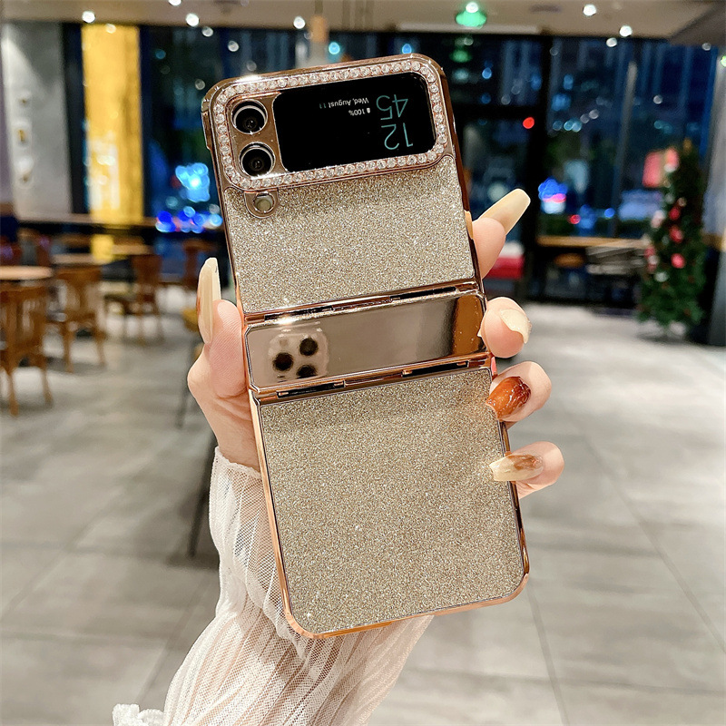 Compatible with Samsung ZFlip 4 phone case, ZFLIP3 foldable screen diamond leather hinge full-coverage drop-proof protective case - Gold glitter Samsung ZFlip 4