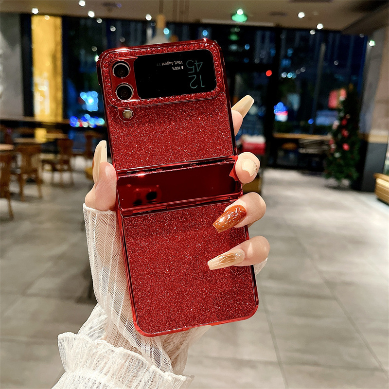 Compatible with Samsung ZFlip 4 phone case, ZFLIP3 foldable screen diamond leather hinge full-coverage drop-proof protective case - Red Glitter Samsung ZFlip 4
