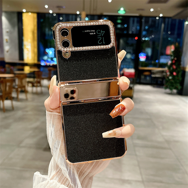 Compatible with Samsung ZFlip 4 phone case, ZFLIP3 foldable screen diamond leather hinge full-coverage drop-proof protective case - Black glitter Samsung ZFlip 4