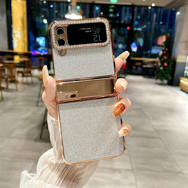 Compatible with Samsung ZFlip 4 phone case, ZFLIP3 foldable screen diamond leather hinge full-coverage drop-proof protective case - White glitter Samsung ZFlip 4
