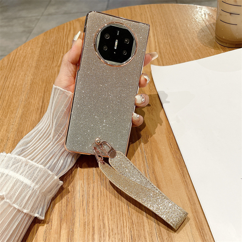 Compatible with Huawei Mate X5 phone case, MATE X3 foldable screen, light luxury glitter pink, wrist strap, drop-proof protective case - Gold wristband Mate X5