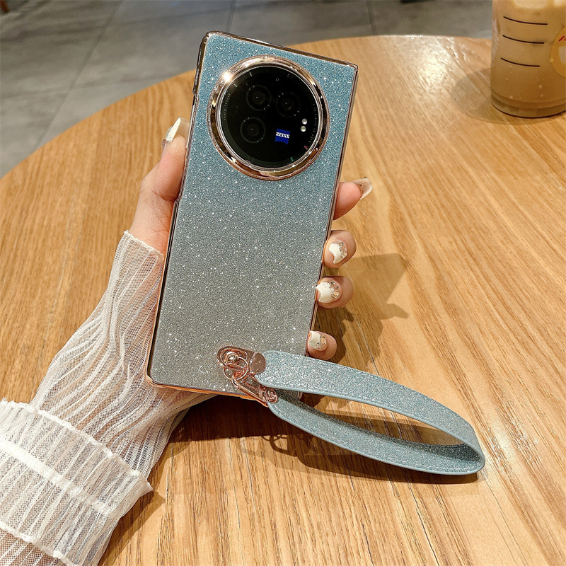 VIVO XFOLD3 phone case, xfold3pro folding glitter wrist strap, vegan leather, shockproof protective case. - Blue Starry Sky Wristband vivo x fold3