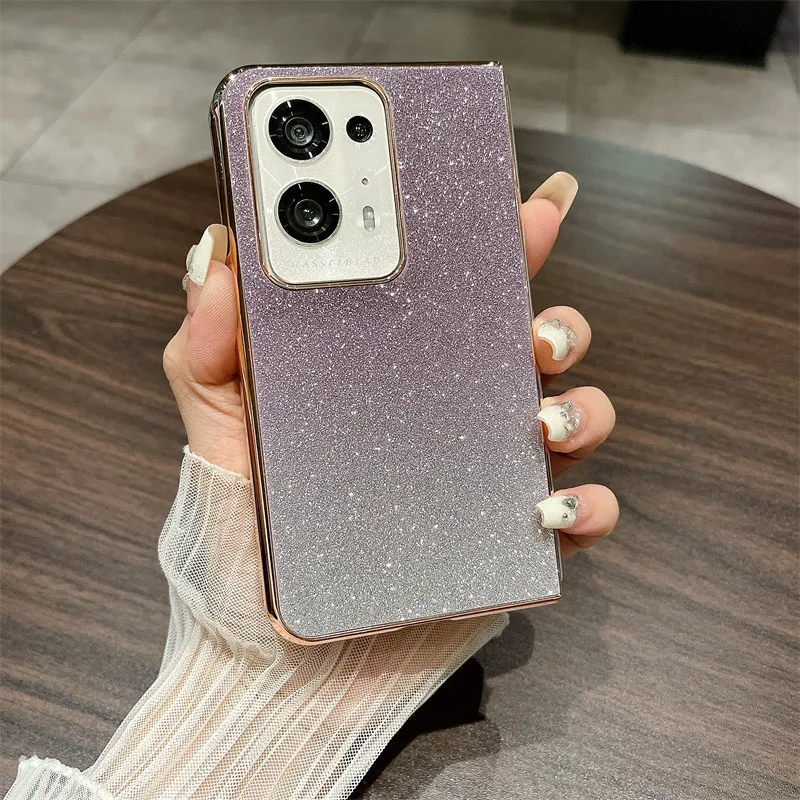 Compatible with OPPO Find N2 phone case, foldable screen, FINDN3 carrying wrist strap, glittery leather, drop-proof protective case - Purple Stars OPPO Find N3