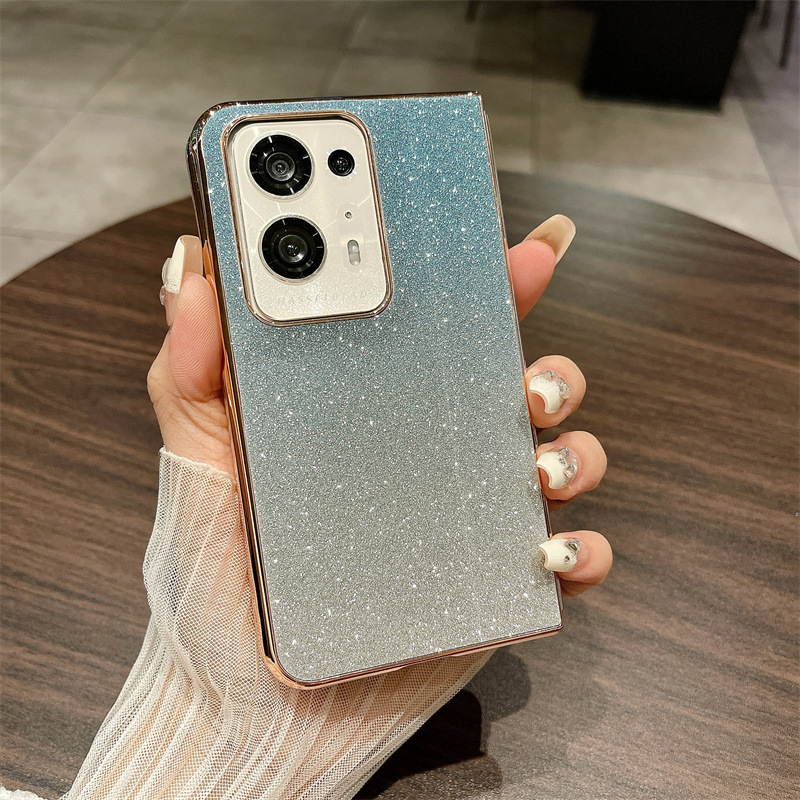 Compatible with OPPO Find N3 phone case, foldable screen, FINDN2 carrying wrist strap, glittery leather, drop-proof protective case - Blue Stars OPPO Find N3