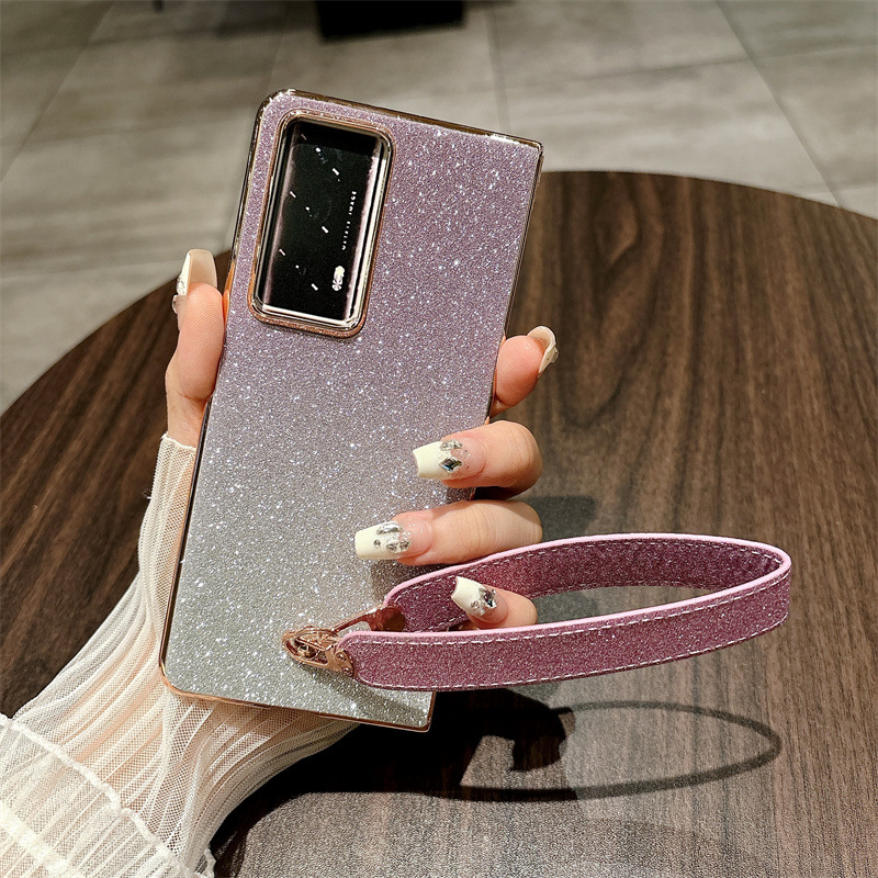 Honor MagicV2 phone case, glitter, ultra-thin foldable screen case, wrist strap, full-coverage drop-proof protective case. - Purple Starry Sky Wristband Honor MagicV2