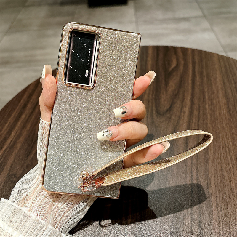Honor MagicV2 phone case, glitter, ultra-thin foldable screen case, wrist strap, full-coverage drop-proof protective case. - Golden Starry Sky Wristband Honor MagicV2