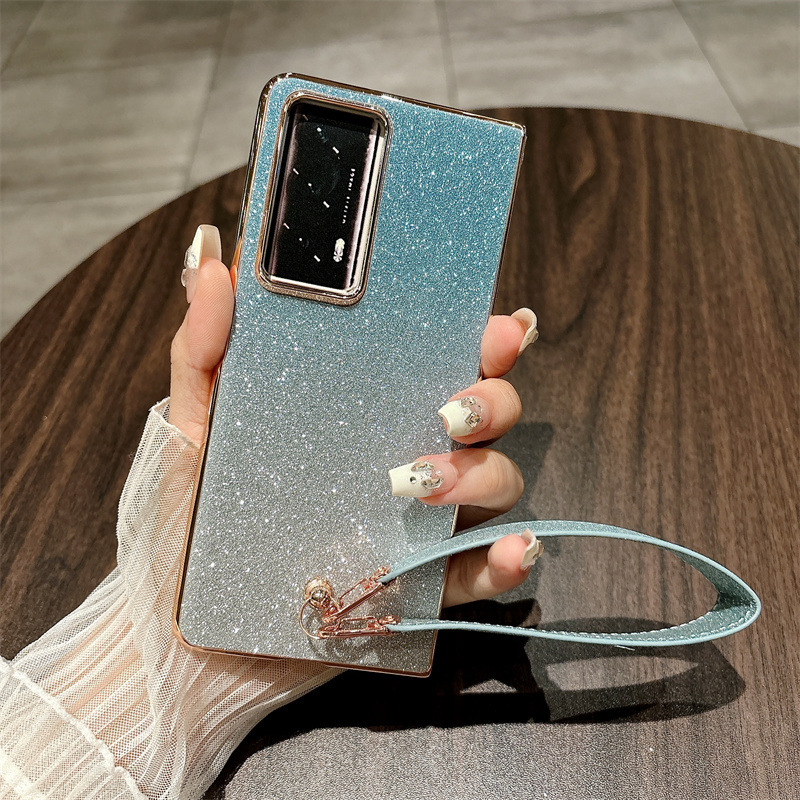 Honor MagicV2 phone case, glitter, ultra-thin foldable screen case, wrist strap, full-coverage drop-proof protective case. - Sky Blue Starry Wristband Honor MagicV2