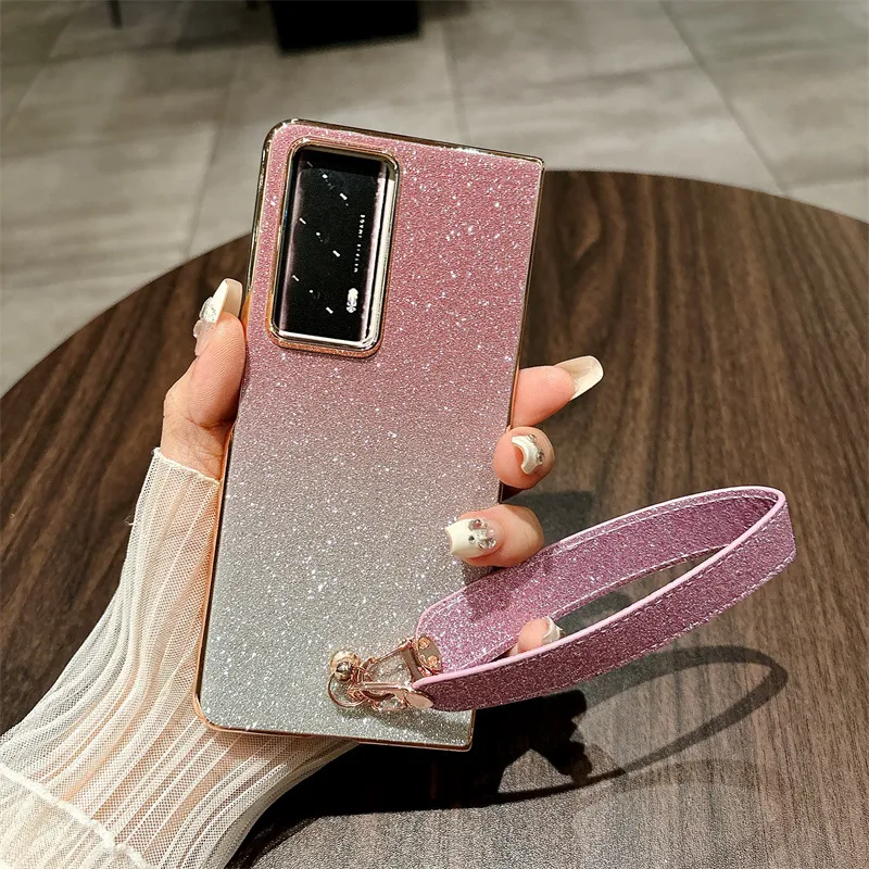Honor MagicV2 phone case, glitter, ultra-thin foldable screen case, wrist strap, full-coverage drop-proof protective case. - Pink Starry Night Wristband Honor MagicV2