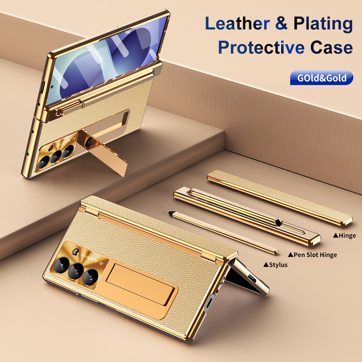 Compatible with Samsung Zfold 8 Ultra phone case, magnetic pen slot hinge, vegan leather, FOLD 8 folding shockproof protective case - Golden helmet and armor with lychee pattern Samsung Z Fold 8UTRLA