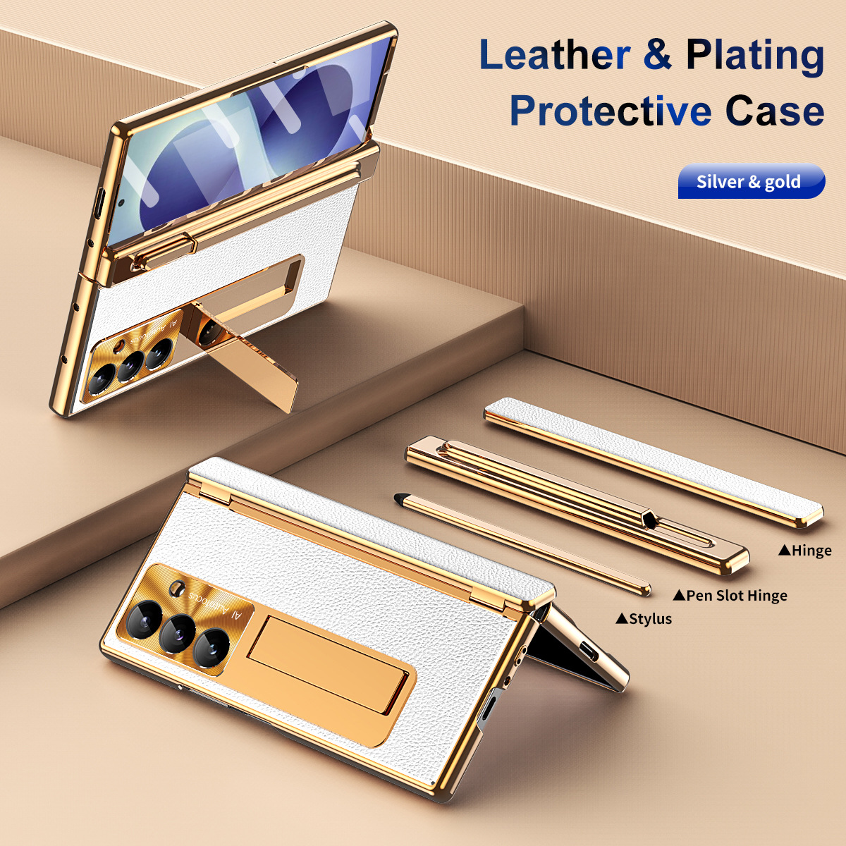 Compatible with Samsung Zfold 8 Ultra phone case, magnetic pen slot hinge, vegan leather, FOLD 8 folding shockproof protective case - Gold helmet and silver armor with lychee pattern Samsung Z Fold 8UTRLA