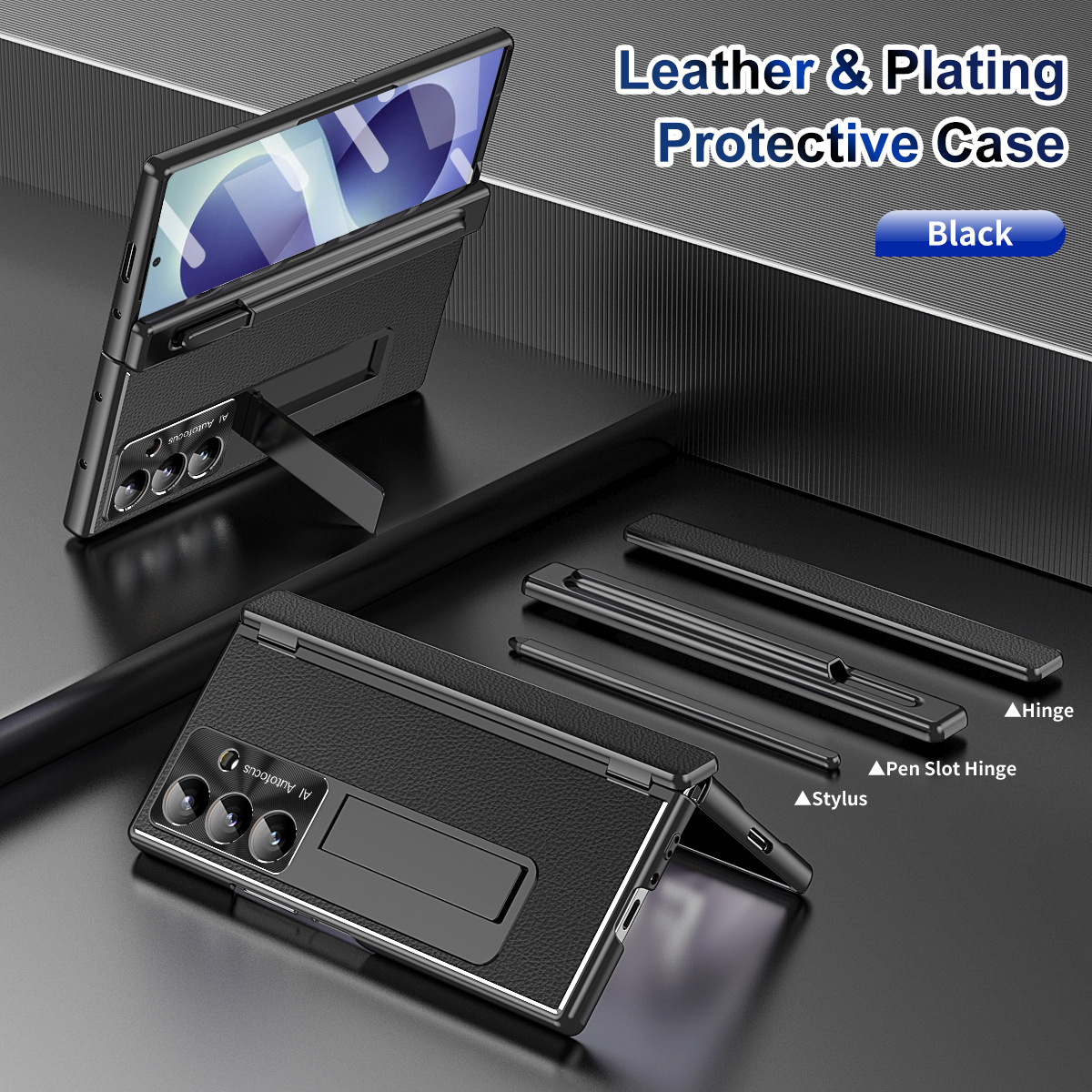 Compatible with Samsung Zfold 8 Ultra phone case, magnetic pen slot hinge, vegan leather, FOLD 8 folding shockproof protective case - Dark nail polish with lychee pattern Samsung Z Fold8utrla