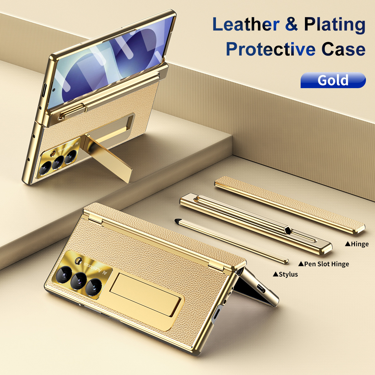 Compatible with Samsung Zfold 8 Ultra phone case, magnetic pen slot hinge, vegan leather, FOLD 8 folding shockproof protective case - Golden Armor with Lychee Pattern Samsung Z Fold8utrla