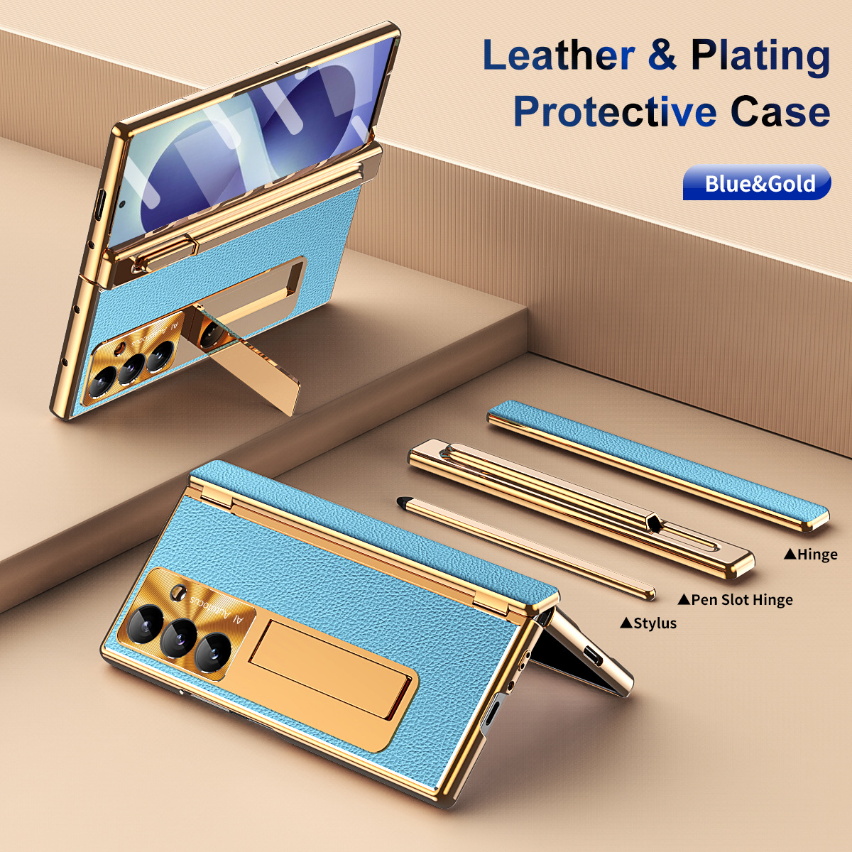 Compatible with Samsung Zfold 8 Ultra phone case, magnetic pen slot hinge, vegan leather, FOLD 8 folding shockproof protective case - Gold helmet and blue armor with lychee pattern Samsung Z Fold 8utrla