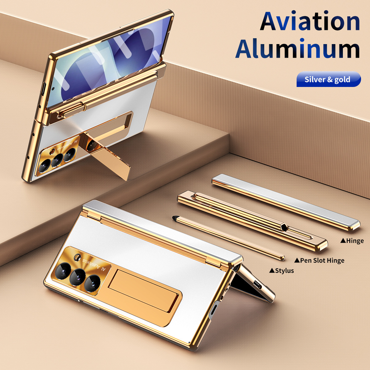 Compatible with Samsung Zfold8 Ultra phone case, ZFOLD8 pen slot aluminum alloy double hinge full-coverage protective case - Gold Helmet, Silver Armor, Aluminum Alloy z fold8utrla