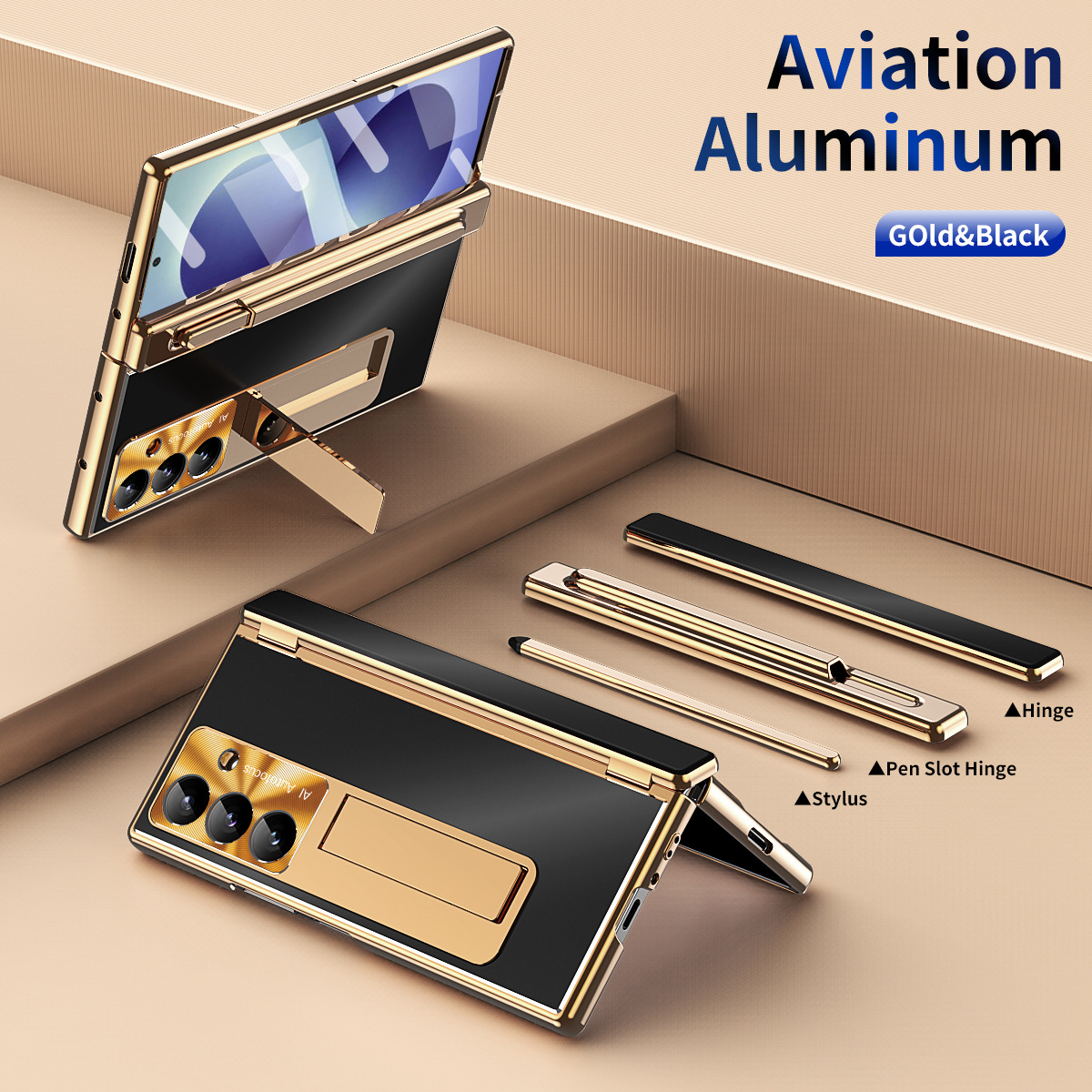 Compatible with Samsung Zfold8 Ultra phone case, ZFOLD8 pen slot aluminum alloy double hinge full-coverage protective case - Gold Helmet Black Armor Aluminum Alloy z fold8utrla