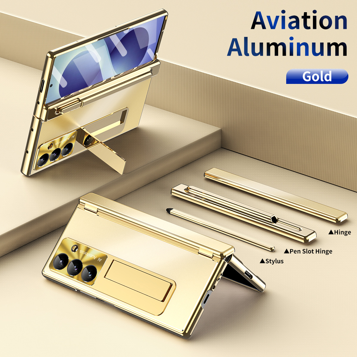 Compatible with Samsung Zfold8 Ultra phone case, ZFOLD8 pen slot aluminum alloy double hinge full-coverage protective case - Golden Helmet and Golden Armor Aluminum Alloy z fold8utrla