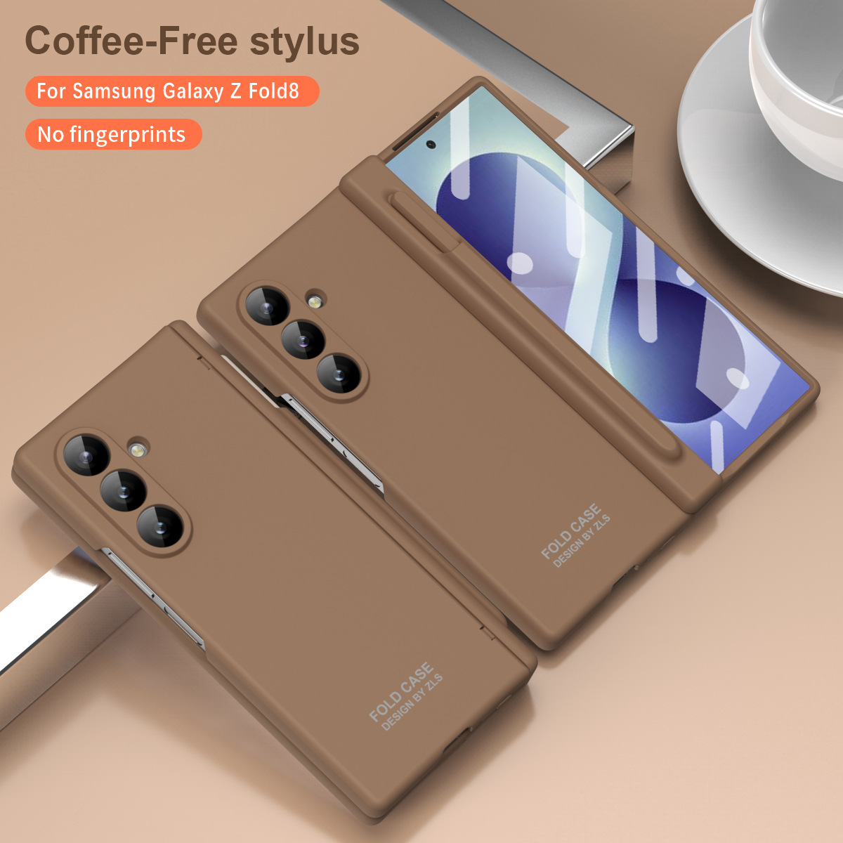 Compatible with Samsung Zfold 8 Ultra phone case, solid color, minimalist design, hinge, full coverage, drop protection. - Caramel-colored pen slot Samsung Zfold 8 Ultra