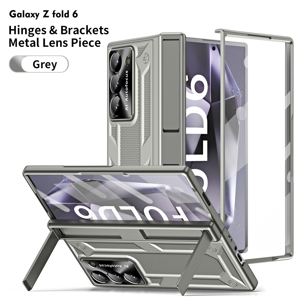 Compatible with Samsung ZFold 6 phone case, dual-stand folding protective case, gold-plated steel armor hinge, full-coverage shockproof case, 5G. - Silver Fold 6