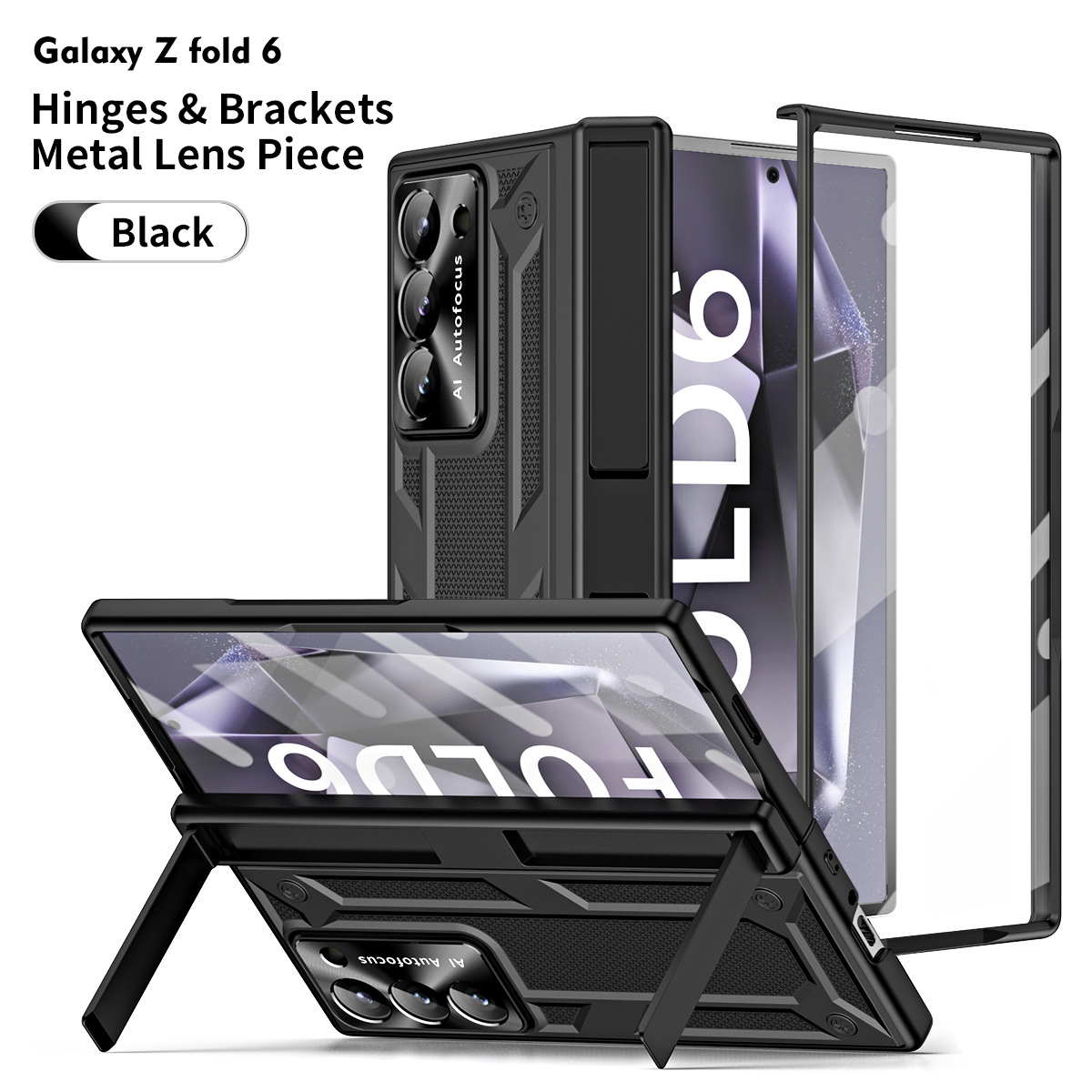 Compatible with Samsung ZFold 6 phone case, dual-stand folding protective case, gold-plated steel armor hinge, full-coverage shockproof case, 5G. - Black Fold6