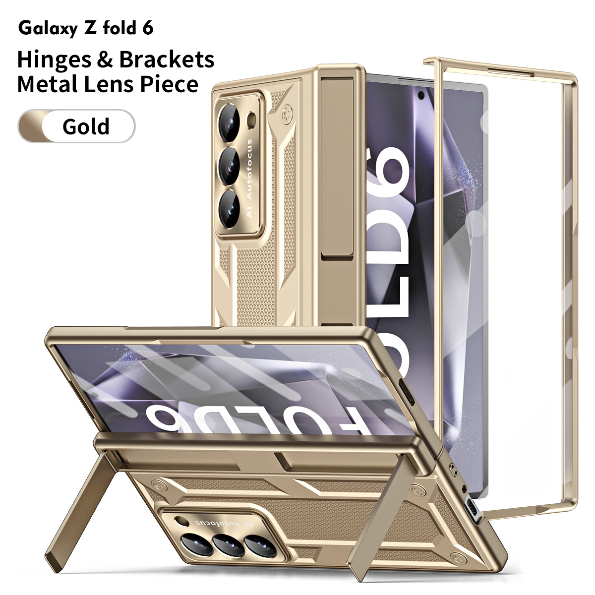 Compatible with Samsung ZFold 6 phone case, dual-stand folding protective case, gold-plated steel armor hinge, full-coverage shockproof case, 5G. - Gold Fold 6