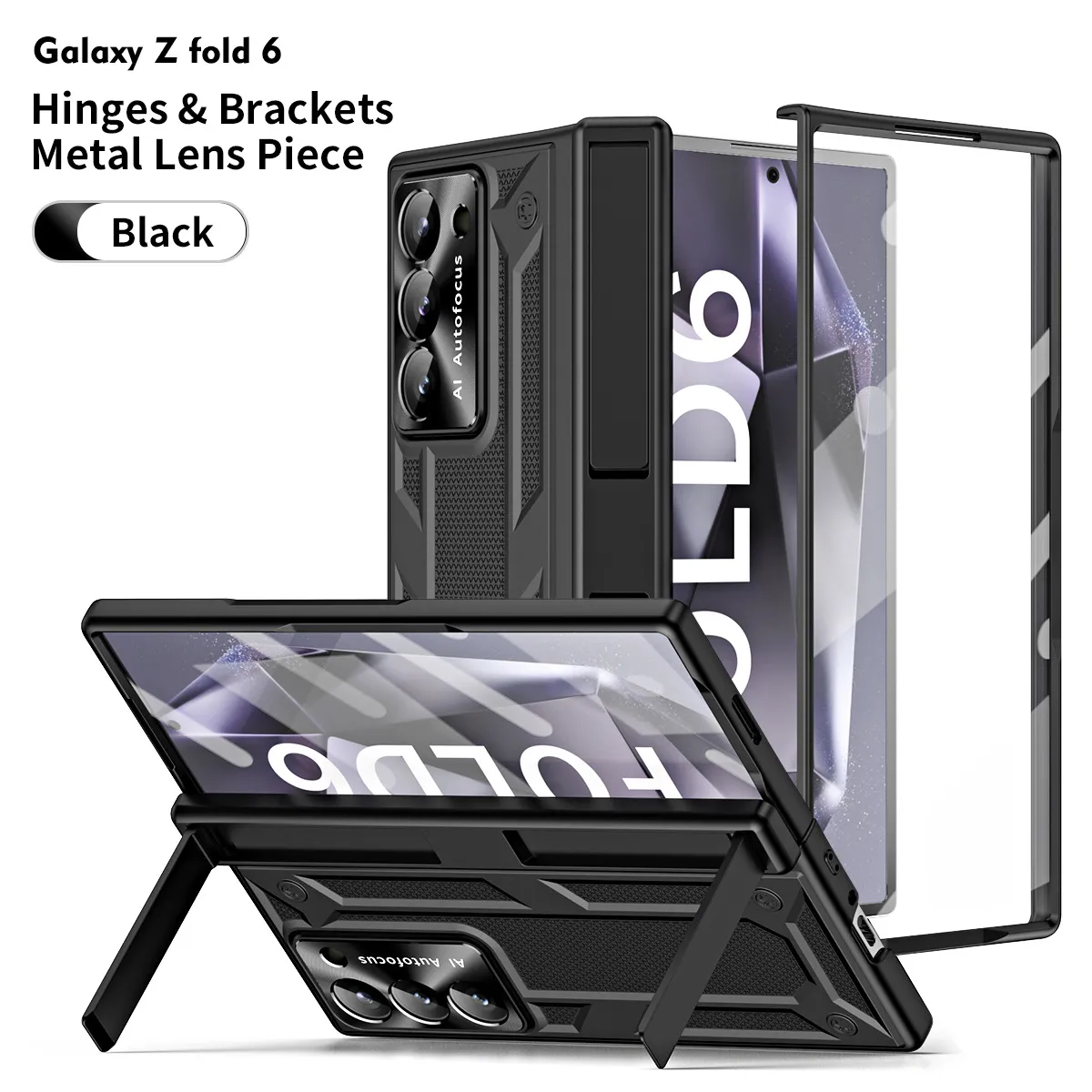 Compatible with Samsung ZFold 6 phone case, dual-stand folding protective case, gold-plated steel armor hinge, full-coverage shockproof case, 5G. - Black Fold6